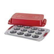Cake Boss Deluxe Nonstick Bakeware 12-Cup Covered Muffin Pan, Gray with Red Silicone Grips