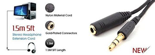 1.5m 5ft Stereo Headphone Extension Cord 3.5mm Male to 3.5mm Female Cable