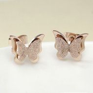 Women's Elegant Frosted Wings Butterfly Titanium Steel Stud Earrings Rose Gold N3