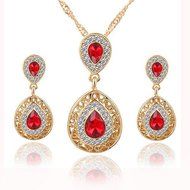 Red Women Wedding Polished Chain Necklace Waterdrop Crystal Earrings Jewelry Set