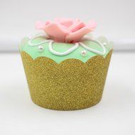 Mybbshower Gold Metallic Glitter Cupcake Wrapper Standard Size for Wedding Parties Pack of 24