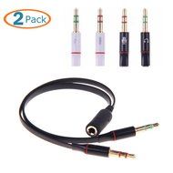 HTTX 3.5mm Female to 2 Male Gold Plated Headphone Mic Audio Y Splitter Flat Cable, (Black, 2-Pack) N4