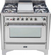 Ilve UM-90F-DMP-I-X 36" Majestic Series Dual Fuel Range with 3.55 cu. ft. Oven Capacity 5 Burners Removable Griddle...