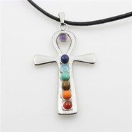 Natural Gemstones Healing Reiki 7 Chakra Moon Cross Charm Beads Pendant Necklace N10