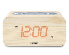 NSK Wood Grain Clock Radio Stereo Audio Speaker Dual Alarm Sleep Memory Function N4