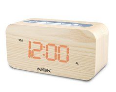 NSK Wood Grain Clock Radio Stereo Audio Speaker Dual Alarm Sleep Memory Function N5