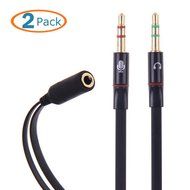 HTTX 3.5mm Female to 2 Male Gold Plated Headphone Mic Audio Y Splitter Flat Cable, (Black, 2-Pack) N5