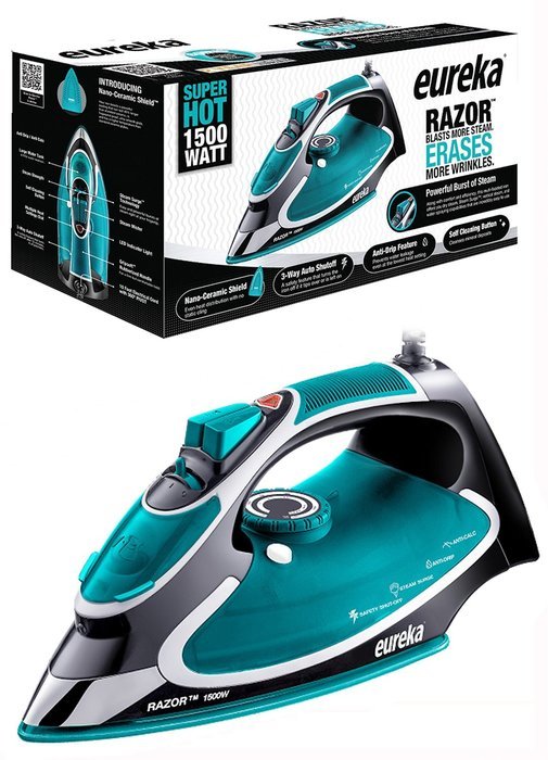 Eureka Razor Powerful Steam Iron Burst, Non-Stick Ceramic Soleplate with Auto-Off Super Hot 1500 Watt Iron Aqua... N6