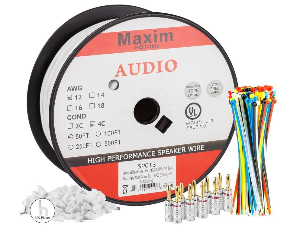 In Wall Speaker Wire | 100 Feet | 14AWG CL3 Rated 4-Conductor Wire White Oxygen Free Copper includes banana plugs... N21