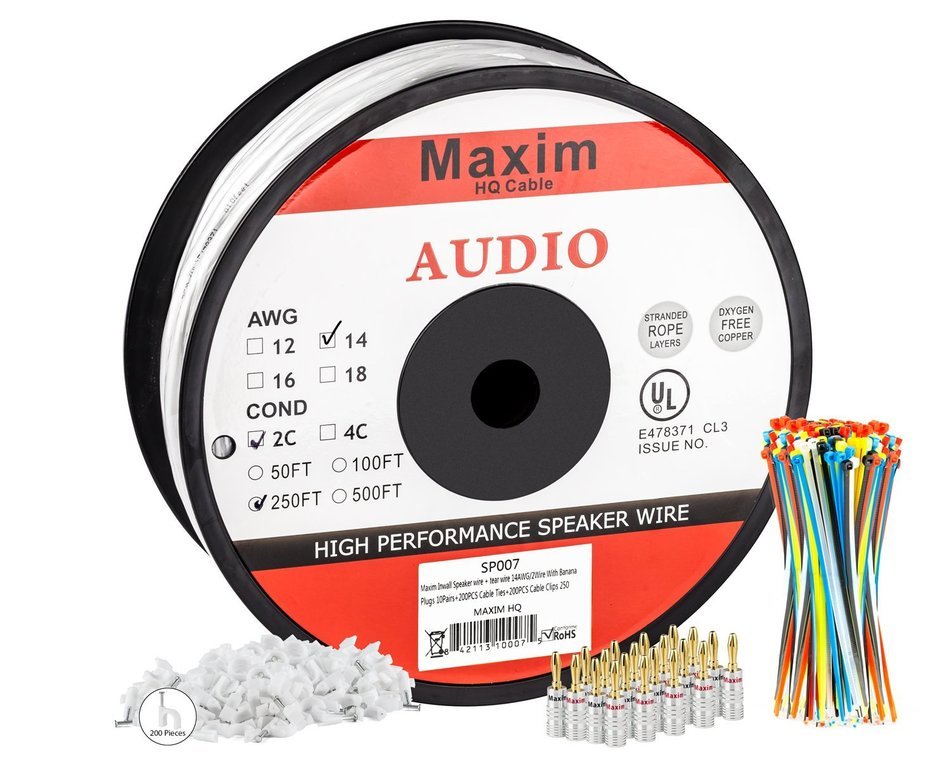 In Wall Speaker Wire | 100 Feet | 12AWG CL3 Rated 2-Conductor Wire White Oxygen Free Copper includes banana plugs... N38