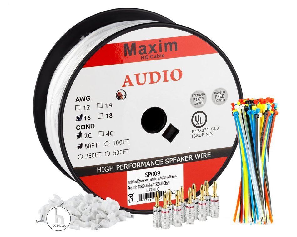 In Wall Speaker Wire | 100 Feet | 12AWG CL3 Rated 2-Conductor Wire White Oxygen Free Copper includes banana plugs... N40