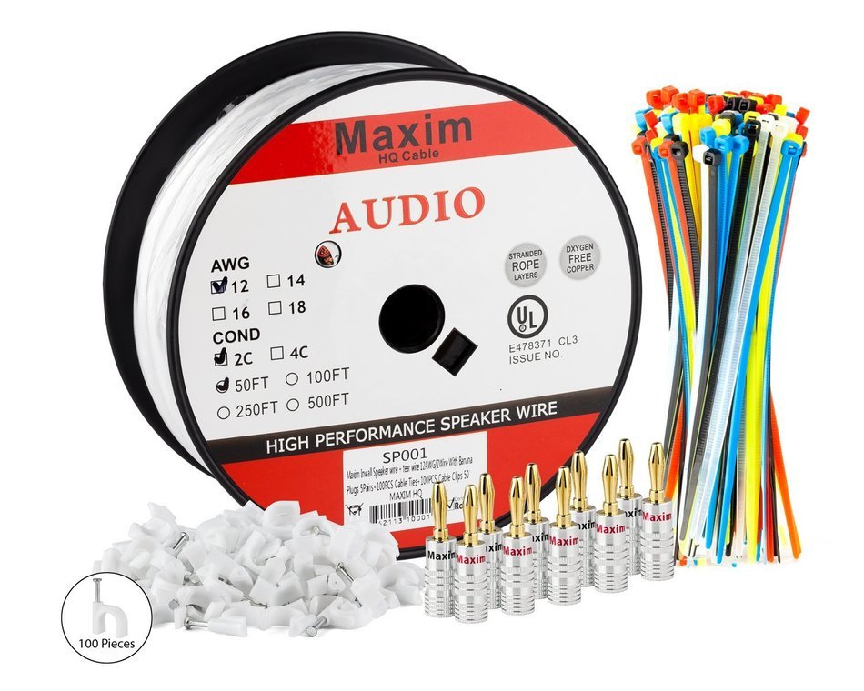In Wall Speaker Wire | 100 Feet | 12AWG CL3 Rated 2-Conductor Wire White Oxygen Free Copper includes banana plugs... N41
