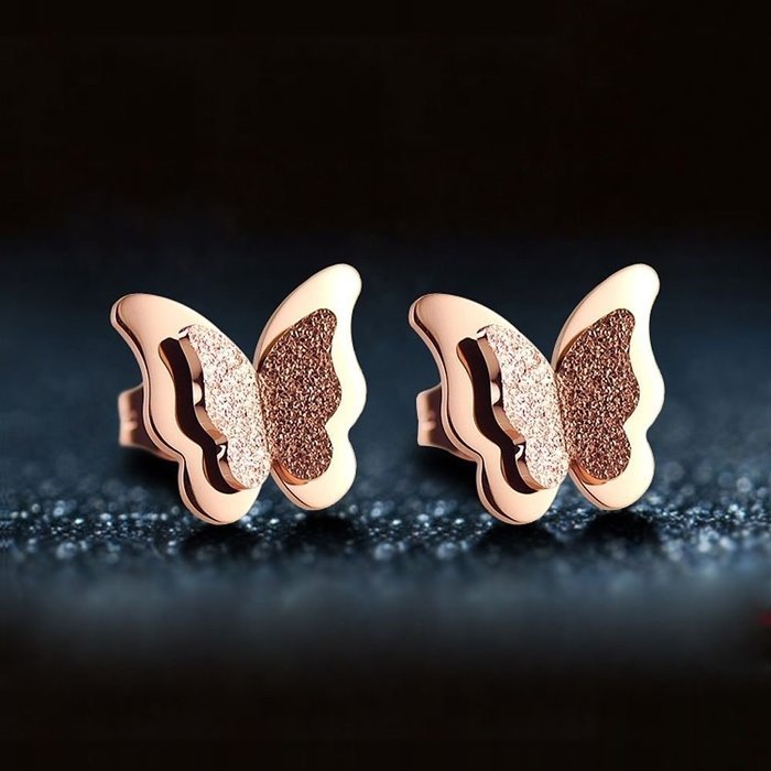 Women's Elegant Frosted Wings Butterfly Titanium Steel Stud Earrings Rose Gold