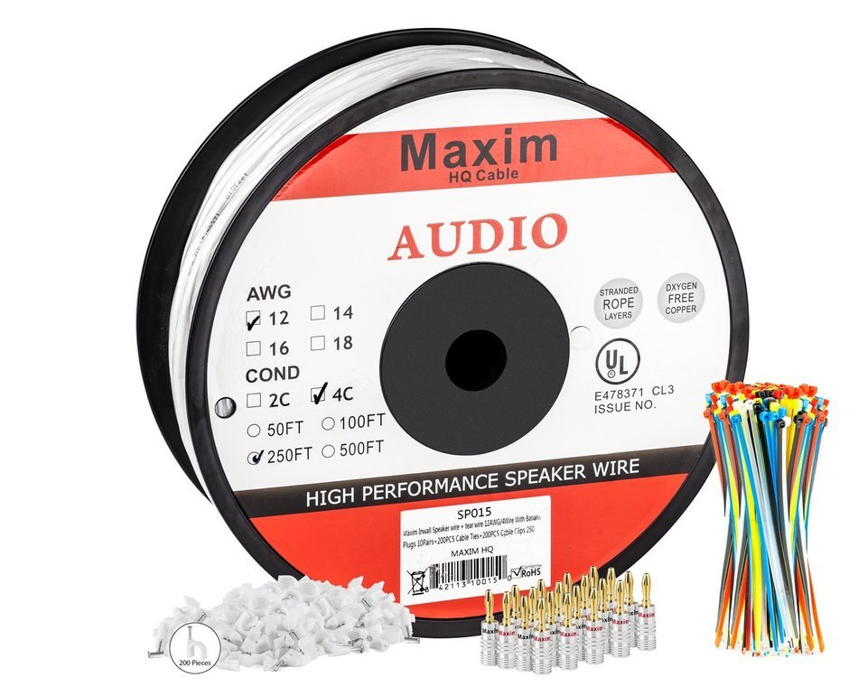 In Wall Speaker Wire | 100 Feet | 14AWG CL3 Rated 4-Conductor Wire White Oxygen Free Copper includes banana plugs... N22