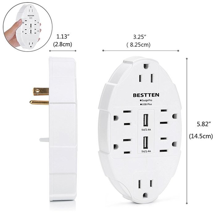 Bestten 6 Outlet Socket Wall Mount Surge Protector with Dual USB 3.1A Port Wall Charger N12
