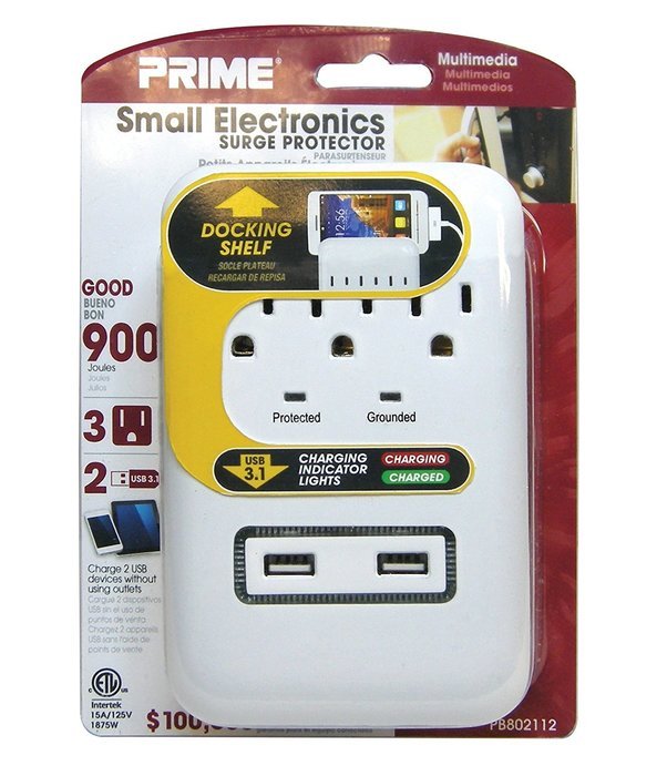 Prime Wire & Cable PB802112 3-Outlet Small Electronics Surge Protector with 2 Port USB Charger, White
