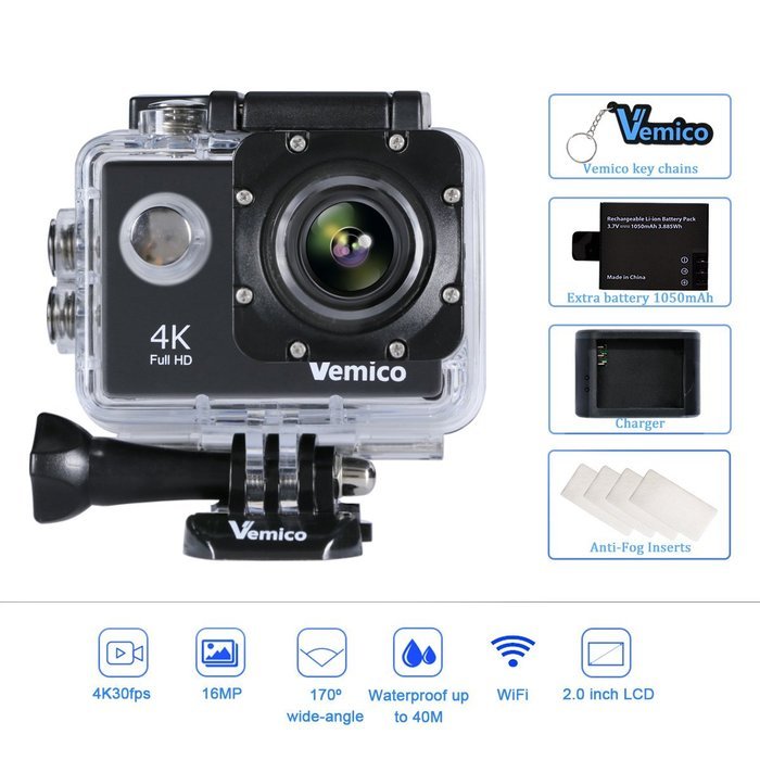 Vemico Action Camera 4K30FPS 16MP WIFI 2.0 Inch Screen Waterproof Sports Helmet Cam with Extra 1050 mAh Battery... N2