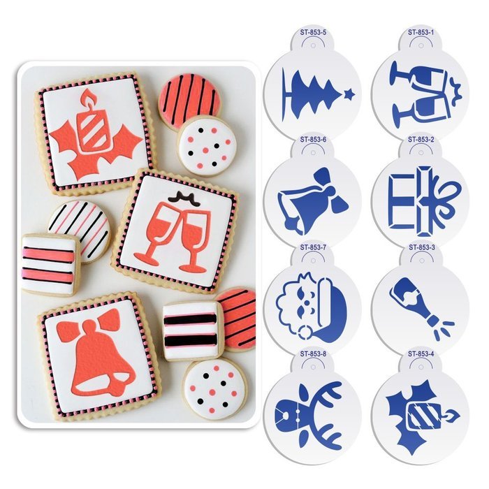 ART Kitchenware 8pcs Christmas Cookie Stencil Set Cupcake Decoration Plastic Stencils for Cake (Gift Box,Bell,... N2