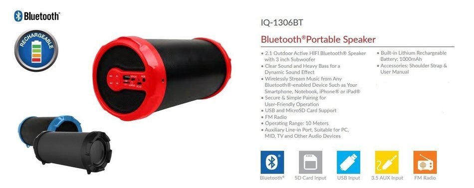 SuperSonic IQsound Wireless Bluetooth Portable Outdoor Speaker, Red