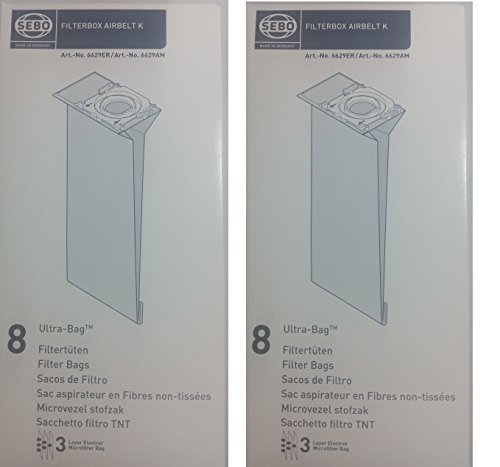 SEBO 6629AM Vacuum Filter Bag Box for K Series, (2 packs of 8 =16 Bags)