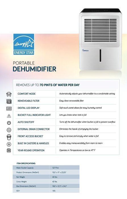 Impecca IDM52-SP 50 pint Portable Dehumidifier with Pump N22