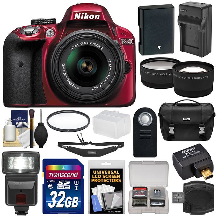 Nikon D3300 Digital SLR Camera & 18-55mm G VR DX II Lens (Red) with WU-1a Wi-Fi Adapter + 32GB Card + Battery... N3