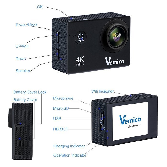 Vemico Action Camera 4K30FPS 16MP WIFI 2.0 Inch Screen Waterproof Sports Helmet Cam with Extra 1050 mAh Battery... N4
