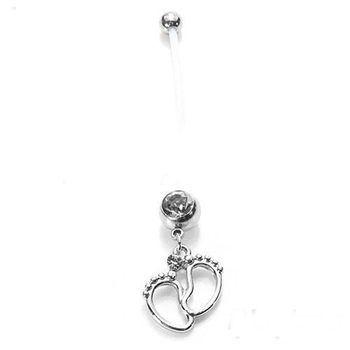 White Ptfe Maternity Belly Bar Piercing Ring Crystal Pregnancy Navel Ring Tiny Feet