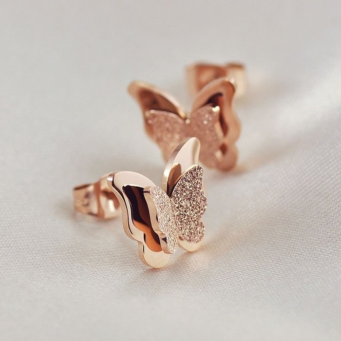 Women's Elegant Frosted Wings Butterfly Titanium Steel Stud Earrings Rose Gold N2