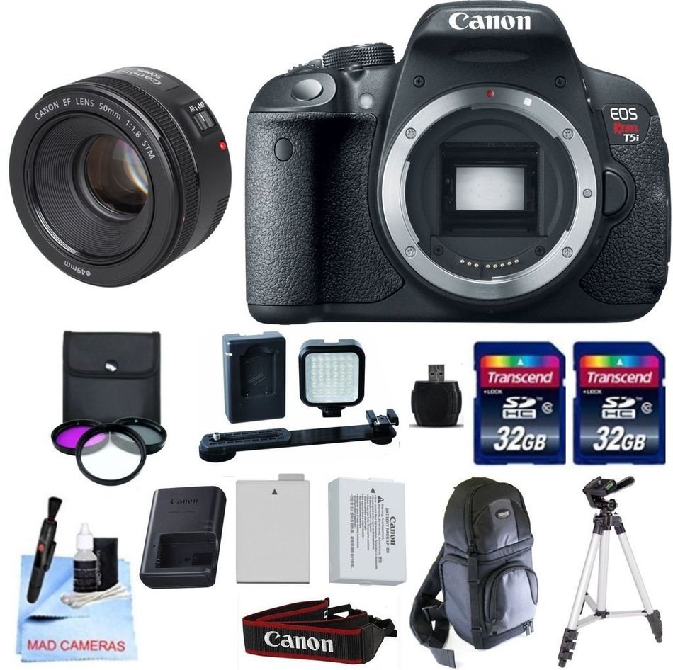 Canon EOS T5i + Canon 50mm F/1.8 STM + 2 32GB Transcend SD Memory Cards + LED Video Light + Spare LP E8 Battery...