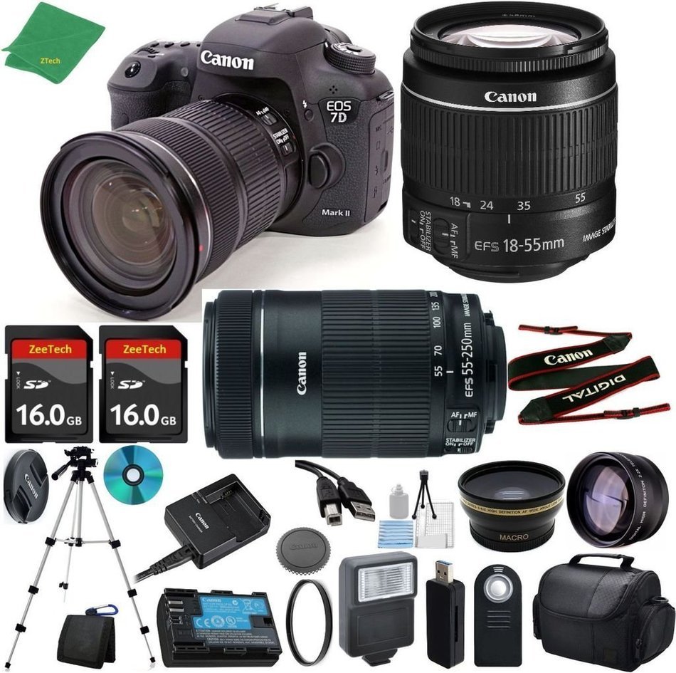 Canon EOS 7D Mark II with 18-55mm IS STM + 55-250mm IS STM + 2pcs 16GB Memory + Case + Memory Reader + Tripod...