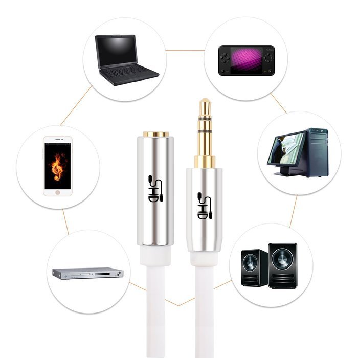 Super HD 3.5mm Aux Stereo Audio Extension Cable Slim Male to Female Type 24K Gold Plated Step Down Design Metal... N16