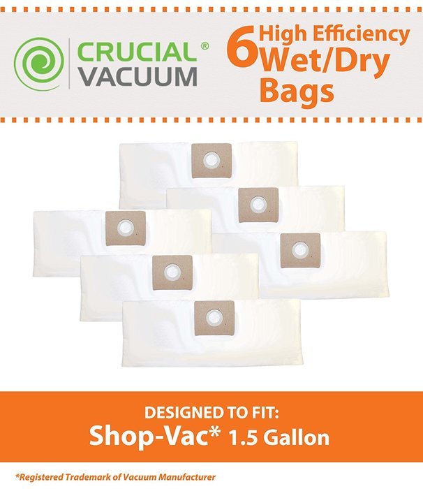 6 Shop Vac 1.5 Gallon Type A Bags, Fits ShopVac 1.5 Gallon Wet/Dry Vacuums, Compare to Part # SV-9066700, Designed...