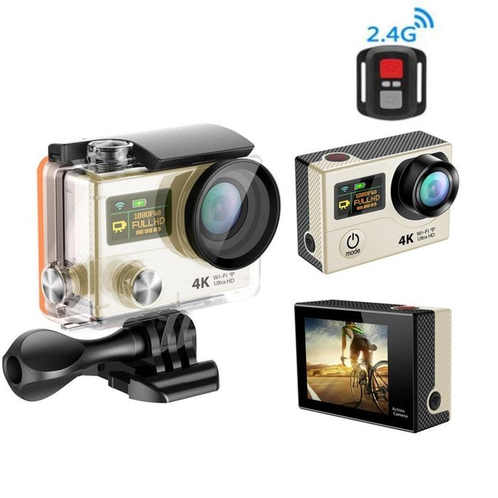 TONSEE Sport Camera H3R Ultra 4K HD 2.0 Inch Screen Action Camera Waterproof 30m+Remote Control - Gold N2