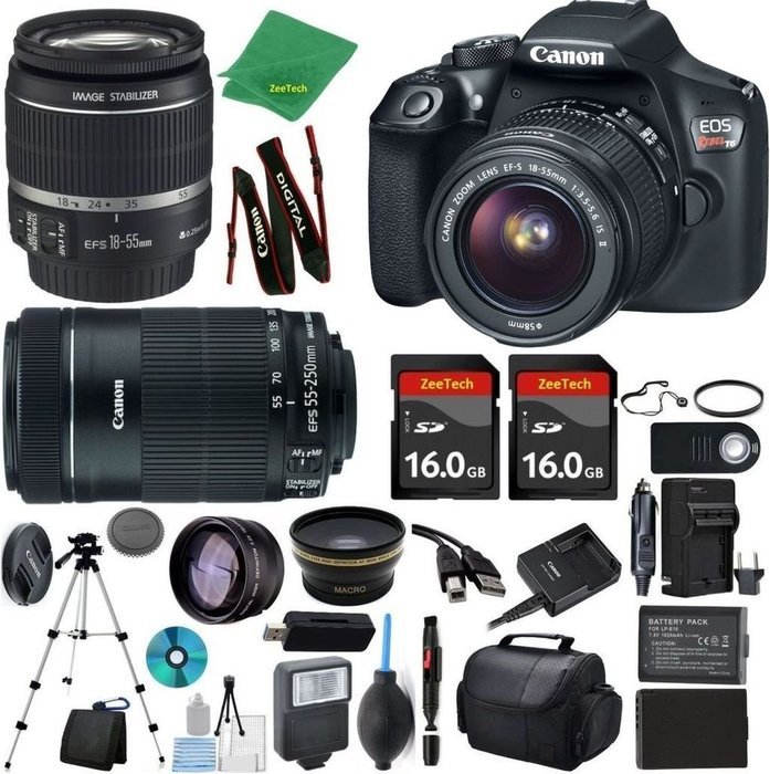 Canon Rebel T6 Camera + 18-55mm IS + 55-250mm STM + 2pcs 16GB Memory + Case + Memory Reader + Tripod + ZeeTech...