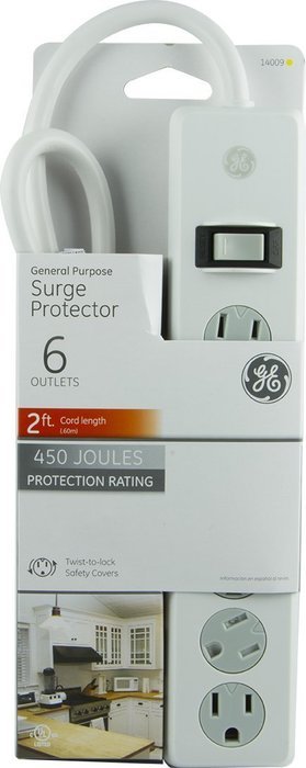GE 14014 6-Outlet General Purpose Surge Protector, 800 Joules, 8ft Cord, White, with Twist to Lock Safety Covers... N4