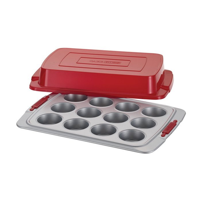 Cake Boss Deluxe Nonstick Bakeware 12-Cup Covered Muffin Pan, Gray with Red Silicone Grips