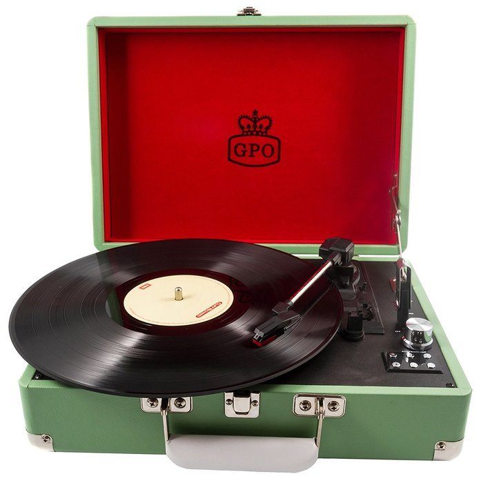 GPO Attache Briefcase Style 3-Speed Portable Vinyl Turntable with Built-in Stereo Speakers and USB Stick for Recording... N12