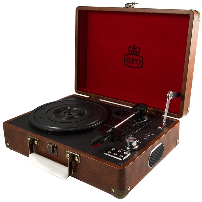 GPO Attache Briefcase Style 3-Speed Portable Vinyl Turntable with Built-in Stereo Speakers and USB Stick for Recording... N17