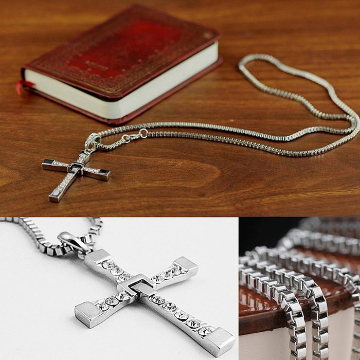 Vineds Fashion Furious Brave Mens Cross Pendant Necklace Chain Crystal Silver 24" Cool N2