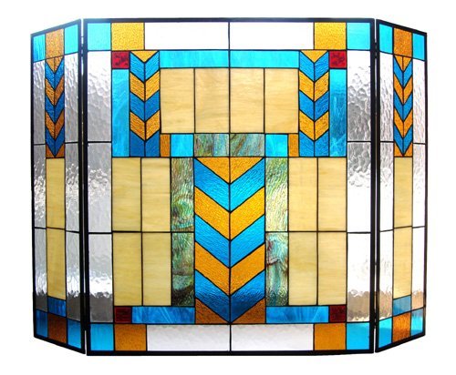Tiffany Style Mission Design 3 Pieces Folding Fireplace Screen