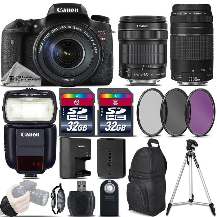 Canon EOS Rebel T6s DSLR Camera + Canon 18-135mm IS STM Lens + Canon 75-300mm Lens + Canon Speedlite 430EX III... N3