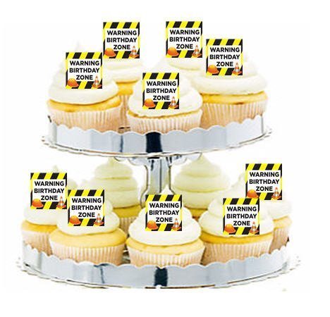 CakeSupplyShop Item#24296 24pk Construction Warning Birthday Zone Edible Cupcake Decoration Toppers / Picks