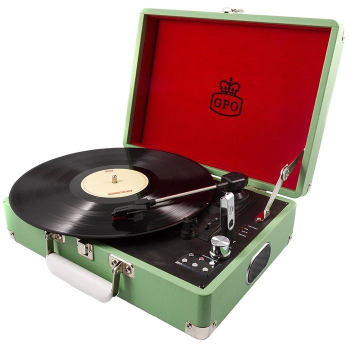 GPO Attache Briefcase Style 3-Speed Portable Vinyl Turntable with Built-in Stereo Speakers and USB Stick for Recording... N19