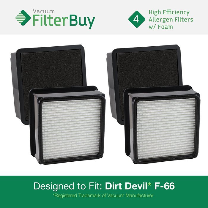 4 - Dirt Devil F66 (F-66) Allergen HEPA Filters with Foam Insert. Designed by FilterBuy to fit Dirt Devil Dirt...