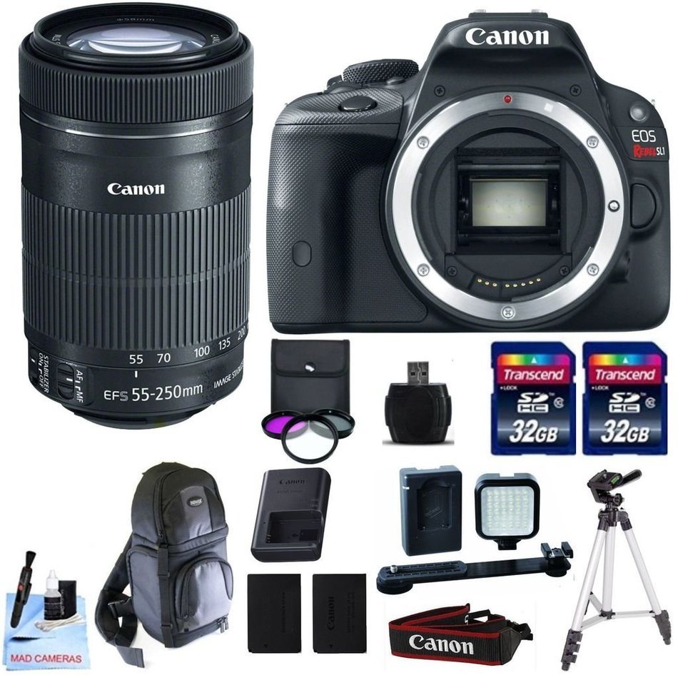 Canon EOS REBEL SL1 + Canon EF-S 55-250mm f/4-5.6 IS STM Lens + 2 32GB Transcend SD Memory Cards + LED Video Light... N2