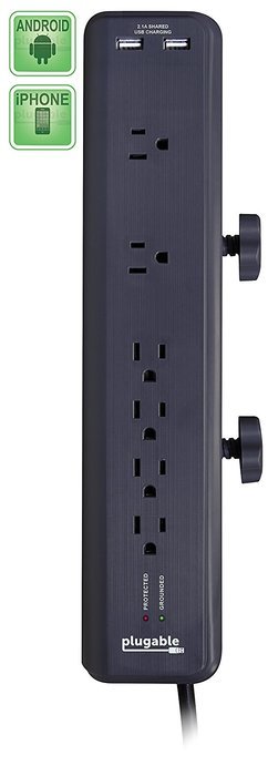 Plugable 6 AC Outlet Surge Protector with Clamp Mount for Workbench or Desk. Built-In 10.5W 2-Port USB Charger...