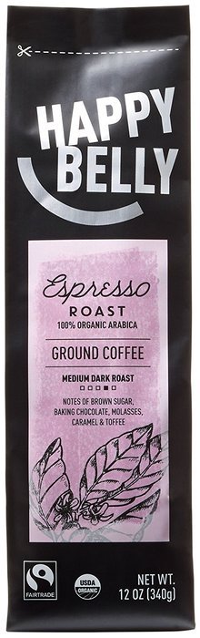 Happy Belly House Blend Organic Fairtrade Coffee, Medium Dark Roast, Ground, 12 ounce N7