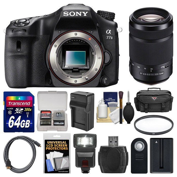 Sony Alpha A77 II Wi-Fi Digital SLR Camera Body with 55-300mm Lens + 64GB Card + Case + Flash + Battery & Charger...