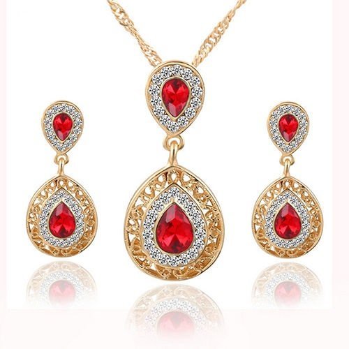 Red Women Wedding Polished Chain Necklace Waterdrop Crystal Earrings Jewelry Set